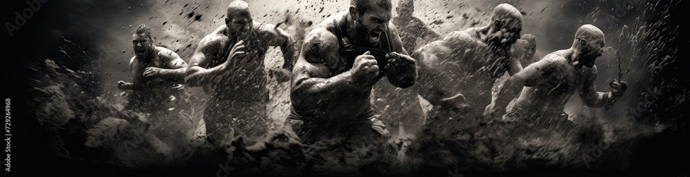 Fototapeta premium Intense nighttime marathon runners splashing through mud and water.