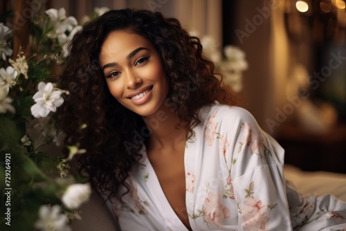 Free Download A young, radiant Beautiful Black woman adorns herself in relax pajamas, smiling peacefully against a simple background. Generative AI. - GFXLoad