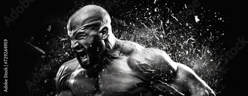 Intense black and white image of a screaming shirtless man with water splashing around him.