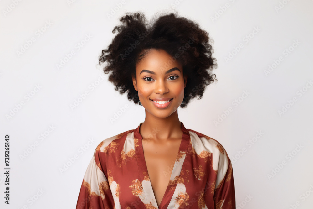 A young, radiant Beautiful Black woman adorns herself in relax pajamas, smiling peacefully against a simple background. Generative AI. A young, radiant Beautiful Black woman adorns herself in relax pajamas, smiling peacefully against a simple background. Generative AI.