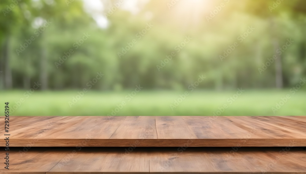 Empty space wood board table. use for food and product presentation with blurred nature green background Empty space wood board table. use for food and product presentation with blurred nature green background