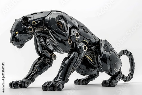 Realistic depiction of a robotically augmented panther with mechanical enhancements, cybernetic limbs against a clean white background Generative AI © vadosloginov