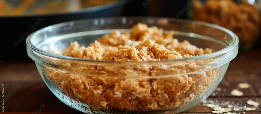 Combining ingredients in a sizeable glass bowl to make apple oatmeal cookies. Combining ingredients in a sizeable glass bowl to make apple oatmeal cookies.