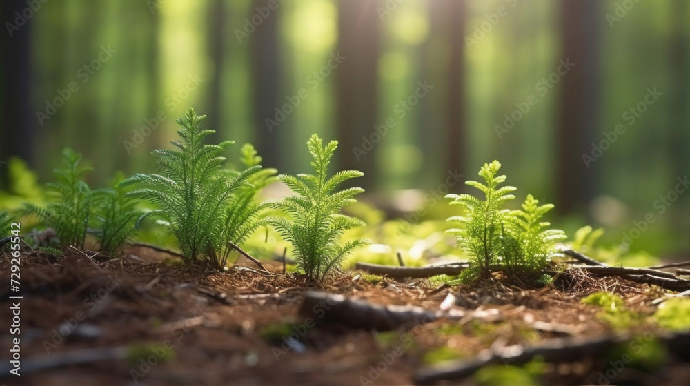 young tiny fir trees in the foreground, mature forest in spring in the background, sun shining through in the morning. young tiny fir trees in the foreground, mature forest in spring in the background, sun shining through in the morning.