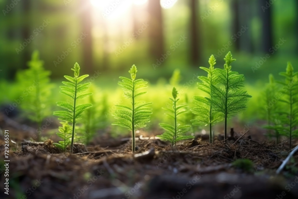 young tiny fir trees in the foreground, mature forest in spring in the background, sun shining through in the morning. young tiny fir trees in the foreground, mature forest in spring in the background, sun shining through in the morning.