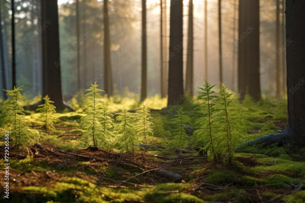 Fototapeta premium young tiny fir trees in the foreground, mature forest in spring in the background, sun shining through in the morning.