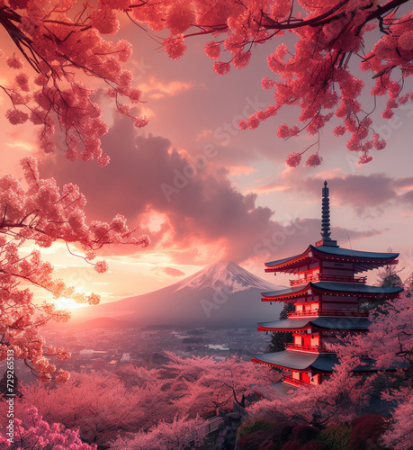 Fujiyoshida  Japan Beautiful view of mountain Fuji and Chureito pagoda at sunset  japan in the spring with cherry blossoms