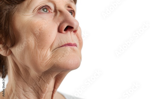 Lower part of the face and neck of elderly woman with signs of skin aging before and after facelift, plastic surgery on white background. Rejuvenation of flabby sagging skin photo