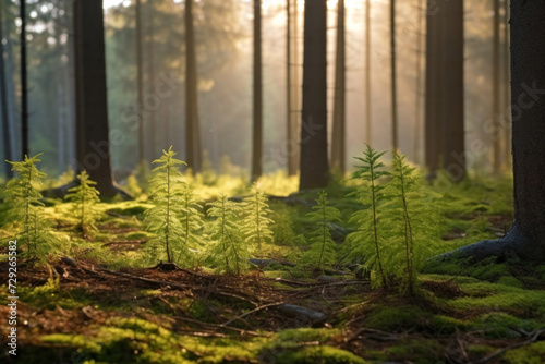 young tiny fir trees in the foreground, mature forest in spring in the background, sun shining through in the morning.