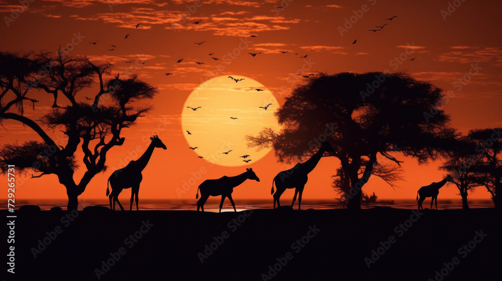 Silhouette of african safari, tree, giraffe, zebra, bird.