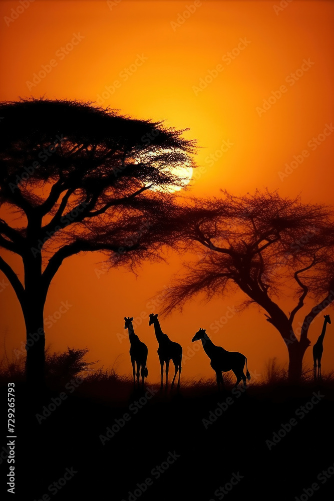 Silhouette of african safari, tree, giraffe, zebra, bird.