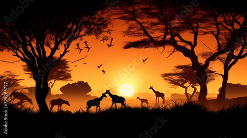 Silhouette of african safari  tree  giraffe  zebra  bird.