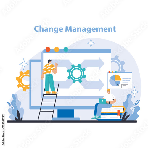 Change Management concept. Dynamic illustration of organizational transformation with focus on strategy implementation and performance analysis. Navigating progress and adaptation.