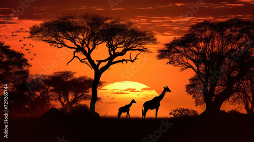 Silhouette of african safari, tree, giraffe, zebra, bird.