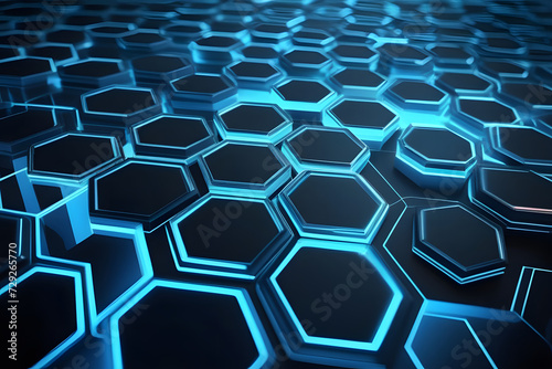 Futuristic Hexagon Grid with Glowing Outlines on Black Background - Modern 3D Illustration