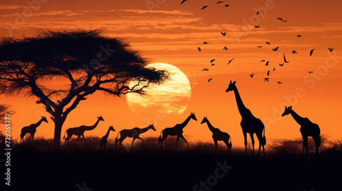 Silhouette of african safari, tree, giraffe, zebra, bird.