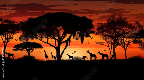 Silhouette of african safari  tree  giraffe  zebra  bird.