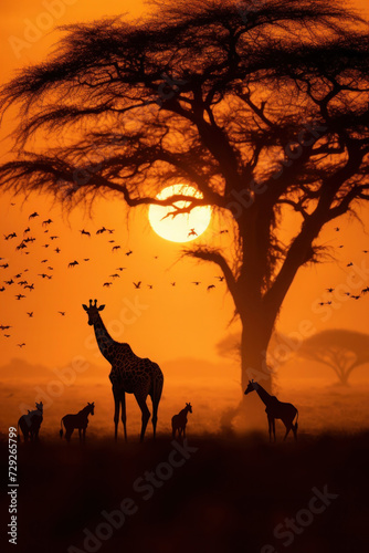 Silhouette of african safari  tree  giraffe  zebra  bird.