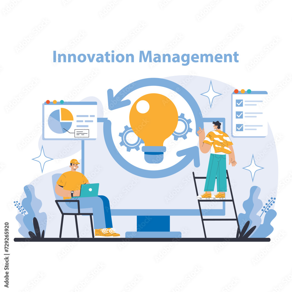 Innovation Management concept. Visualization of idea generation and project development with a focus on creative solutions and analytical planning. Encouraging breakthroughs in operational processes.