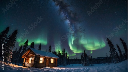 Aurora borealis, northern lights over a wooden house in winter forest