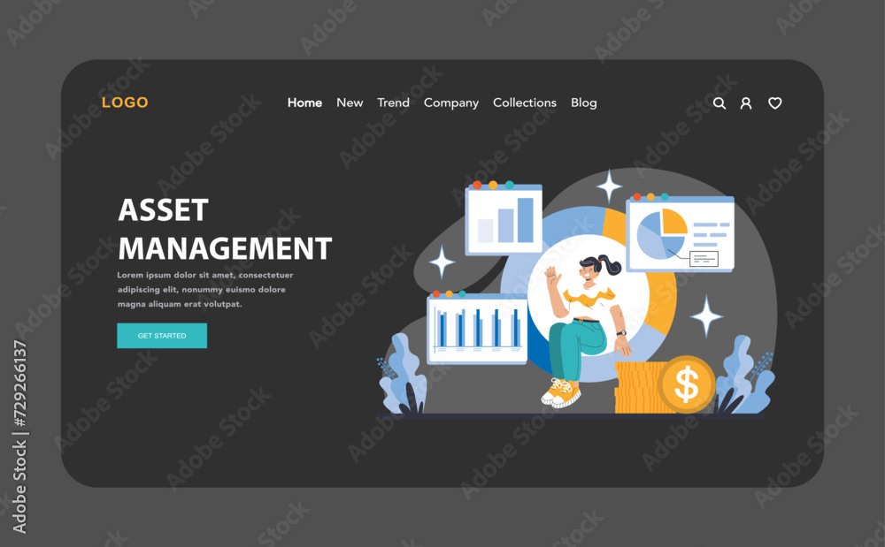 Asset Management night or dark mode web or landing page. Visualizing financial growth and investment strategies with data-driven decision-making. Flat vector illustration. Asset Management night or dark mode web or landing page. Visualizing financial growth and investment strategies with data-driven decision-making. Flat vector illustration.