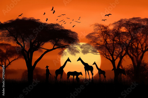 Silhouette of african safari  tree  giraffe  zebra  bird.