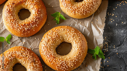 A Bunch Of Bagels With Sesame Seeds On A Table