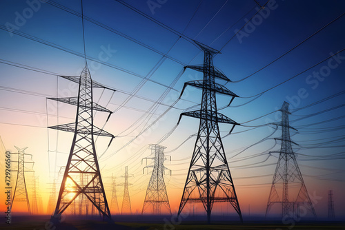 Electricity pylons and power lines in rural landscape against the setting sun
