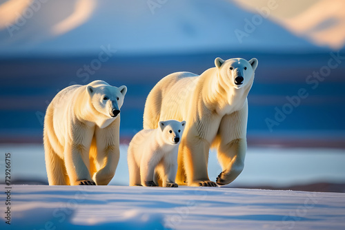 Beautiful Family of Polar Bears Walking Together on the Icy Arctic Landscape