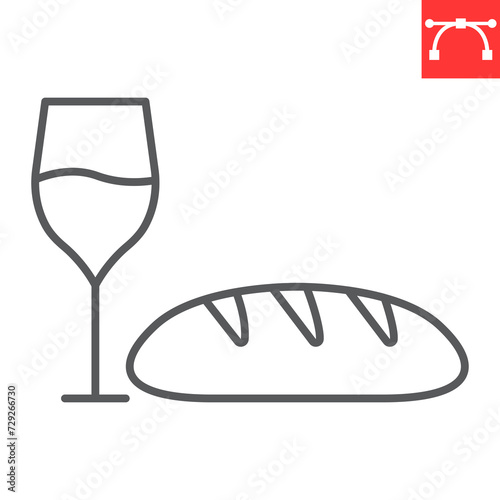 Wine and bread line icon, Easter and food, communion vector icon, vector graphics, editable stroke outline sign, eps 10.