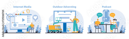 Mass Media set. Coverage of internet media, outdoor advertising, and podcast production. Communication channels in public relations. Flat vector illustration.