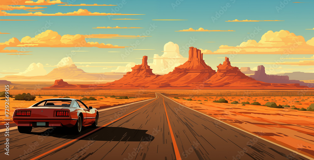 Old School Car driving fast into desert