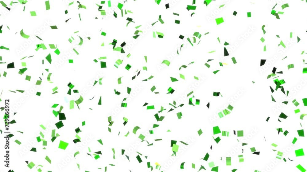 A mesmerizing animation of green confetti falling over a white background. A mesmerizing animation of green confetti falling over a white background.