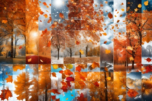 Beautiful seasonal background - two seasons of year collage. Vibrant colorful images of different time of year - fall and winter. Weather forecast concept