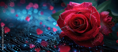 Futuristic red rose with circuit big data technology. AI generated image