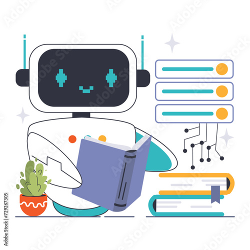 Deep Learning exploration concept. Friendly robot engaged in reading, with server racks and data connections hinting at computational processes. Knowledge advancement. Flat vector illustration