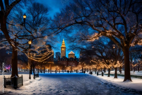 The Boston Commons in the winter with Christmas Lights in Boston, Massachusetts