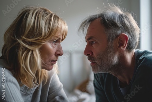 Middle aged couple is having a serious conversation in bedroom. The man is looking at the woman with a stern expression, and the woman is looking back at him with a mixture of sadness and anger