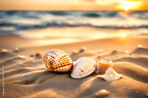 Seashell. Sunset, On Sandy Beach. Background Selective focus Soft