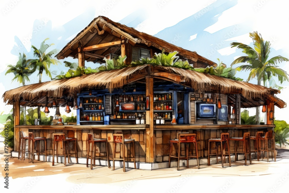 tropical beach bar with drinks and sea view