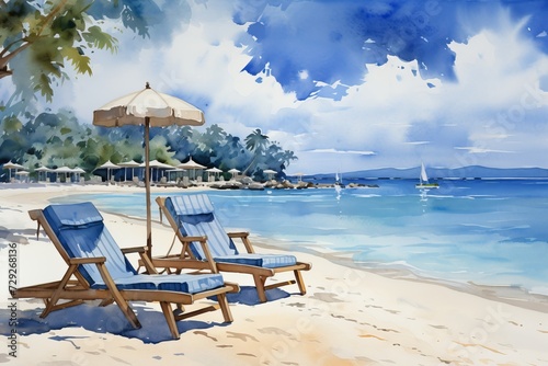 two sunbeds and umbrella on the beach with white sand and tranquil water  watercolors imitation