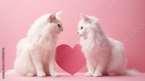 two cats sit in the center, their tails create a heart, minimalism, few details, white and pink background © andre