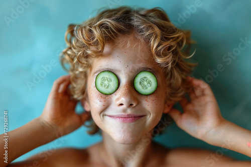 Smiling child with cucumber slices on eyes during spa day Generative AI image photo