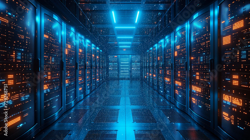 Rows of high-tech server racks illuminated in lit data center, showcasing advanced technology