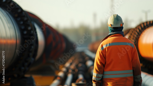 Worker overseeing pipeline transportation at dusk Generative AI image photo