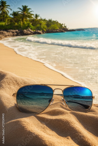 Sunglasses on Tropical Beach with Palm Trees