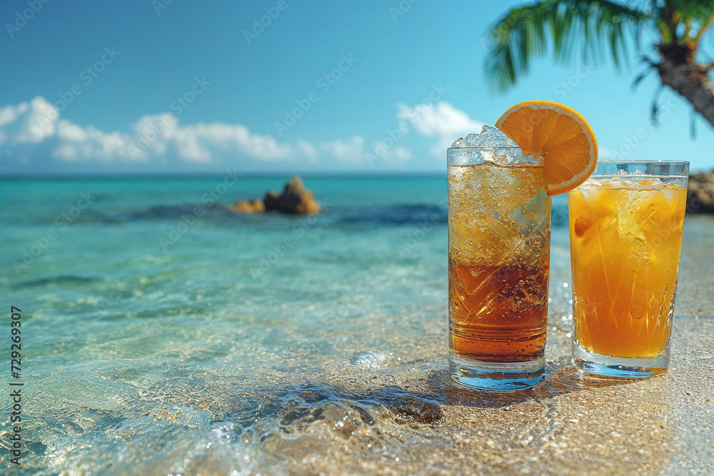 Tropical beach refreshment with two summer cocktails Generative AI image Tropical beach refreshment with two summer cocktails Generative AI image