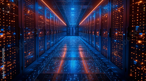 Advanced server technology in secure data center, with racks glowing brightly