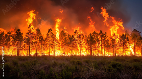 Intense Wildfire Consuming a Pine Forest at Night Generative AI image photo
