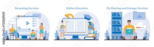 Technology and Innovation set. Engaging streaming platforms, comprehensive online education, secure file sharing and storage solutions. Interactive user interfaces and data management.